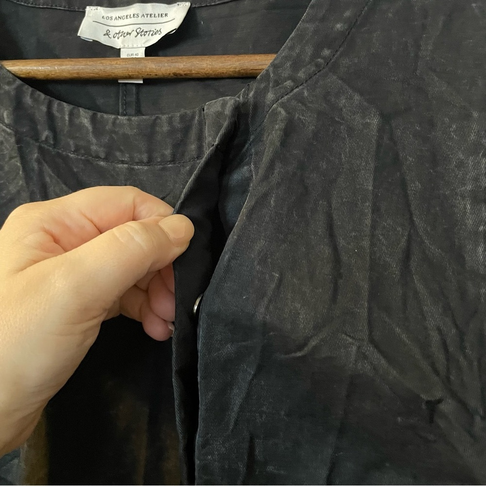 & Other Stories Puff-Sleeve Button Detail Denim Mini Dress in Washed Black sz 8 - Picture 10 of 10